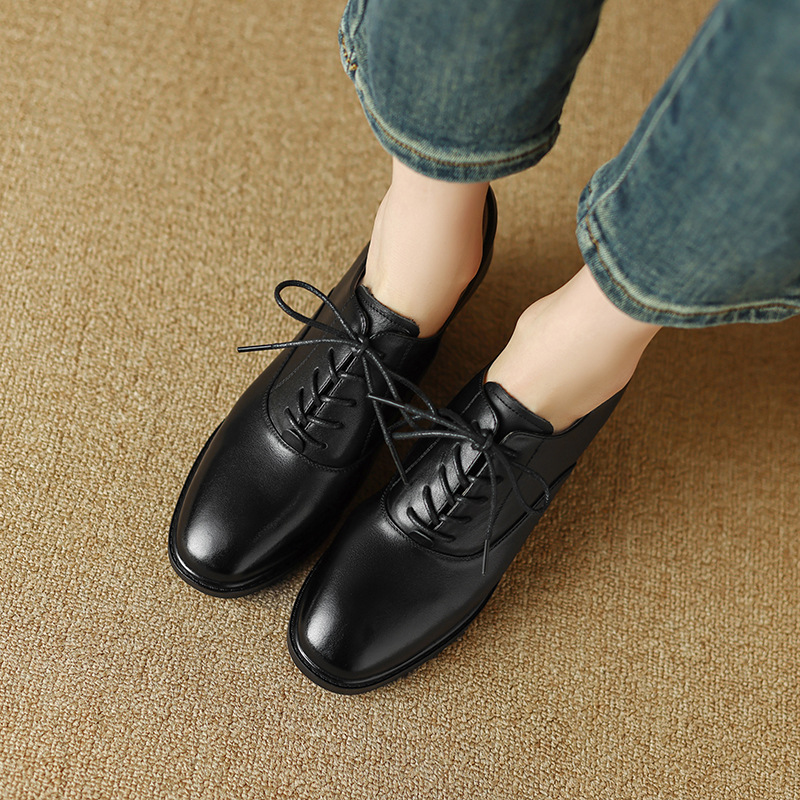 25 New Spring and Autumn Genuine Leather Round-Toe Low-Heel Lace-Up Retro-Style Women's Loafers Fashionable Versatile Shoes