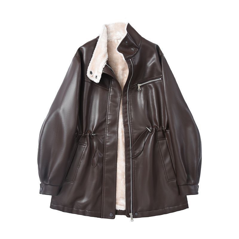 时尚中长款加绒保暖皮衣秋冬新款收腰大码防风皮夹克女