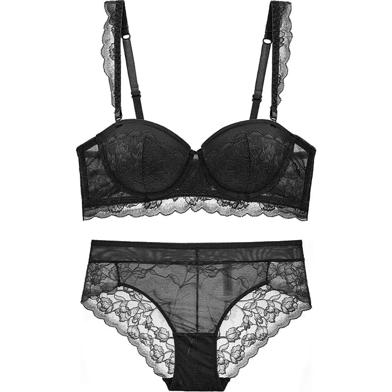 New Sexy Lace Overlay Half Cup Gathering Women's Bra Set Wedding Off the Shoulder Underwear_voghion.com