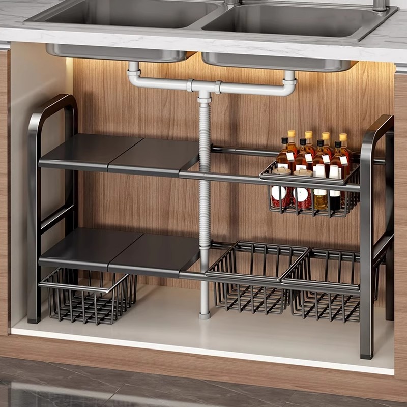 Retractable New Kitchen Multi-Layer Cabinet Storage Rack for Pots and Pans in the Sink