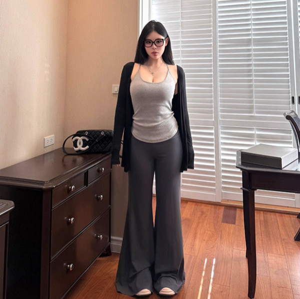 大胖MM纯欲辣妹风长袖开衫吊带背心女夏季微喇叭直筒裤三件套潮|undefined