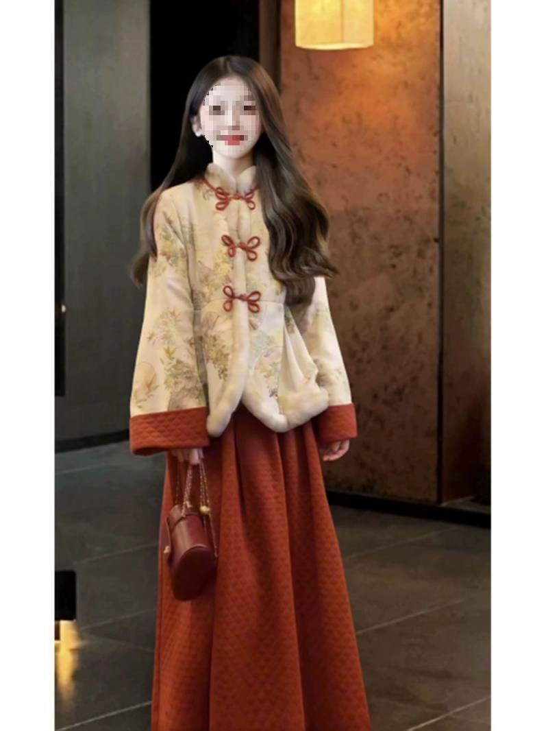 Большой размер толстый мм новый китайский стиль костюм женский 2024 осень и зима новый пиджак с пуговицами юбка из двух частей женская одежда