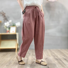 宽松显瘦褶皱亚麻休闲裤2025年夏季新品松紧腰女式哈伦裤子