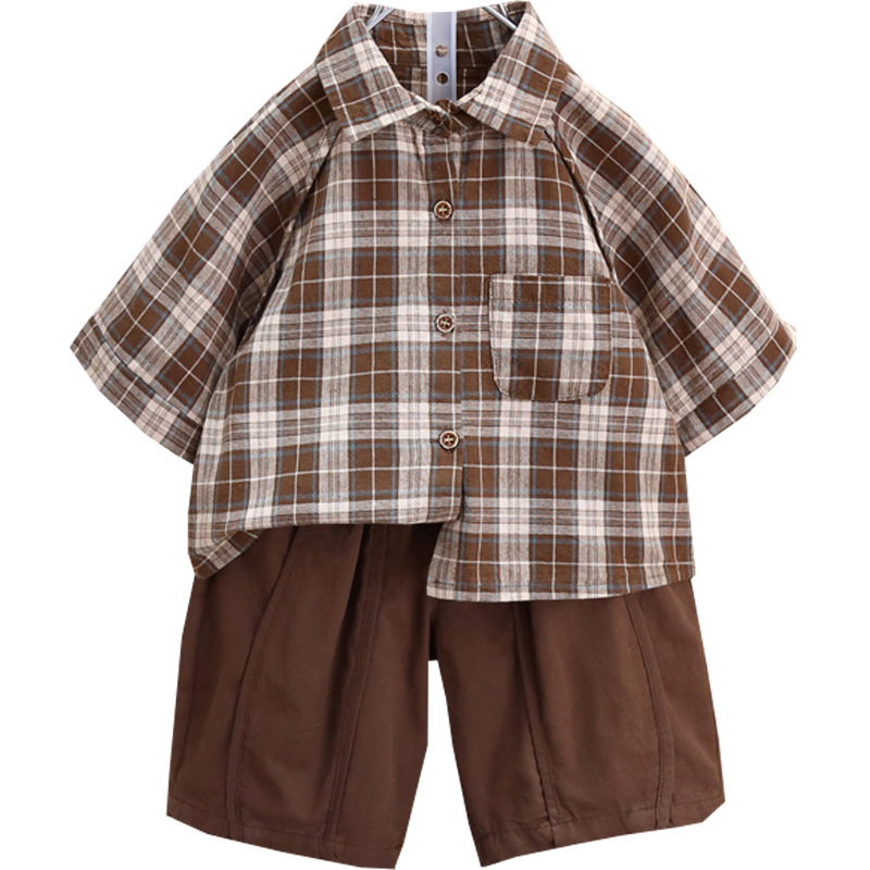 7240 Camisa a cuadros para niños de manga corta para niños pantalones cortos sueltos 2025 verano nuevos pantalones cortos estilo occidental bebé