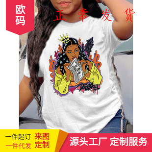2023 Women's Short-sleeved Round Neck White Short-sleeved T-shirt Fashionable Girl Printed Independent Station European and American Bottoming Shirt