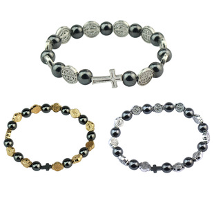 Cross-border New Fashion Jewelry Hematite Rosary Bracelet Alloy Cross Bead Bracelet Religious Saint Benedict Bracelet