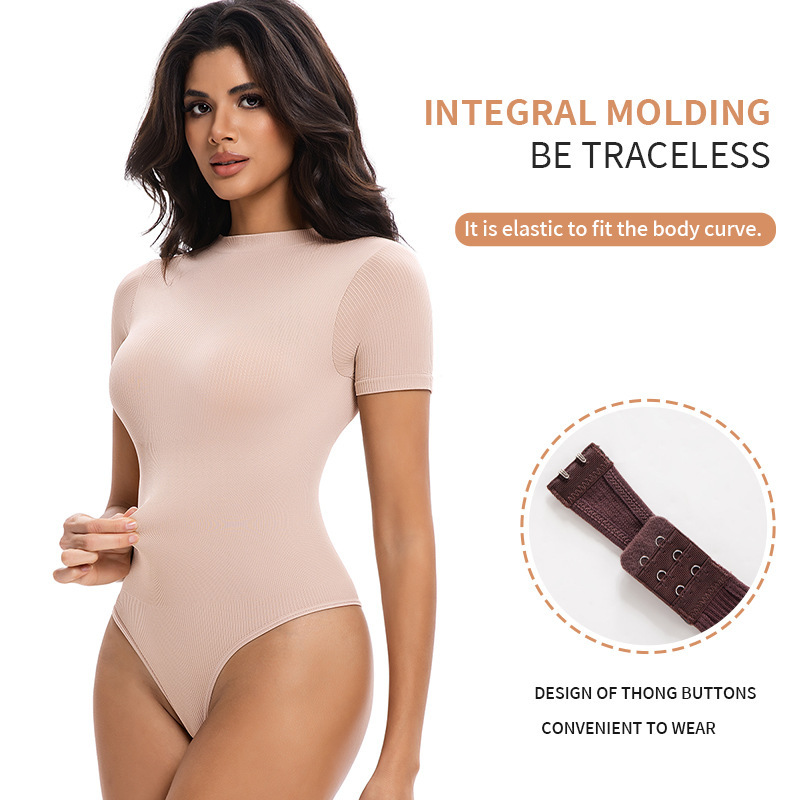 Cross-Border European and American Style Shapewear Bodysuit with Short Sleeves and Thong, Body Shaping, Waist-Cinching, Tummy Control, Tight-Fitting Top, Factory Price Direct Sale
