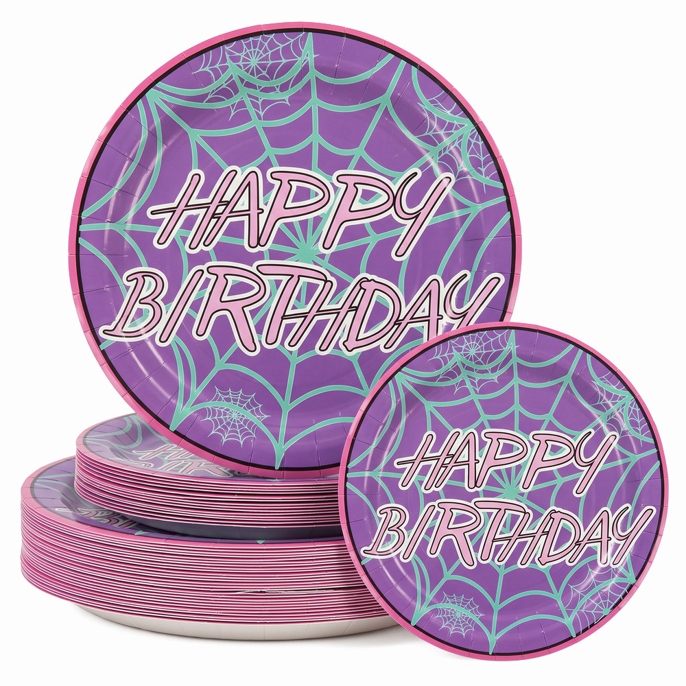 Purple and pink spider web girl Spider-Man paper plate, sweet and cool style disposable dinner plate, girl's birthday party dessert table decoration