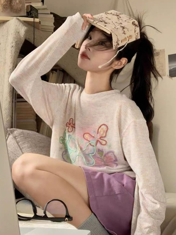 韓国カラーサンドリボン日焼け止め長袖ブラウスTシャツ女性用夏薄いわずかに透ける女性用ルーズレイジースタイルトップ|undefined