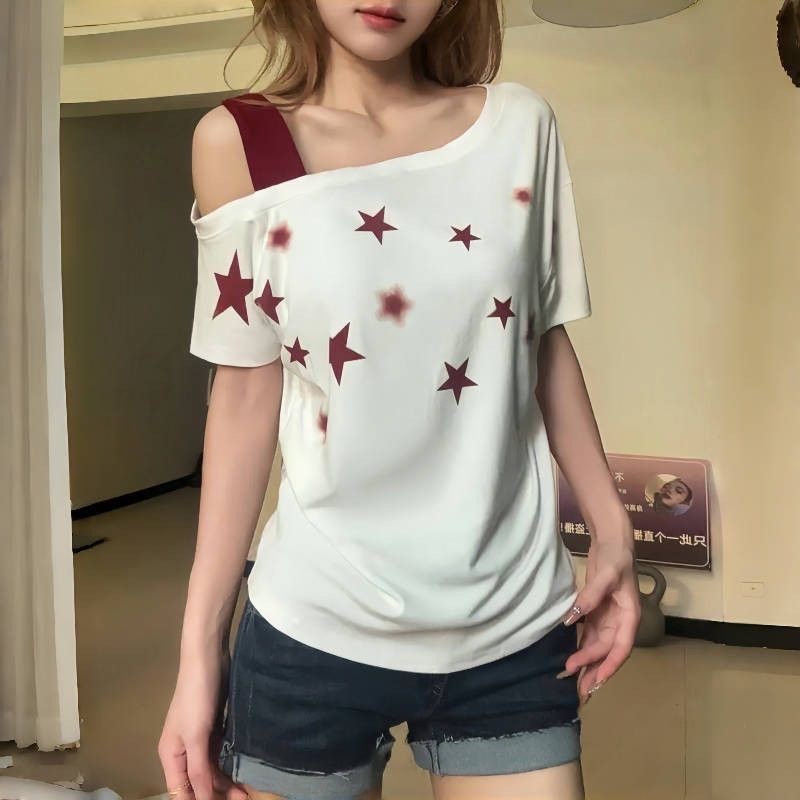 アメリカンスタープリント斜め肩サスペンダー半袖Tシャツレディース夏ニッチホットガールスタイルシックなデザイントップス新しいスタイル|undefined