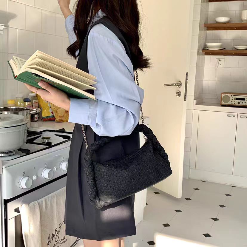 Denim Underarm Bag For Women Dumpling Shoulder Bag With Chain_voghion.com