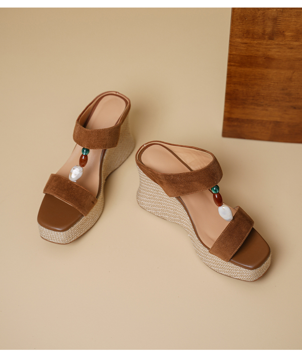 Sandal cao gót nữ hở mũi đế xuồng đan rơm gót 10 cm — màu nâu, màu mơ chi tiết 15