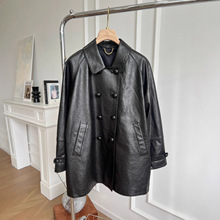 25新款秋冬真皮皮衣女中长款双排扣宽松油蜡羊皮风衣西装外套
