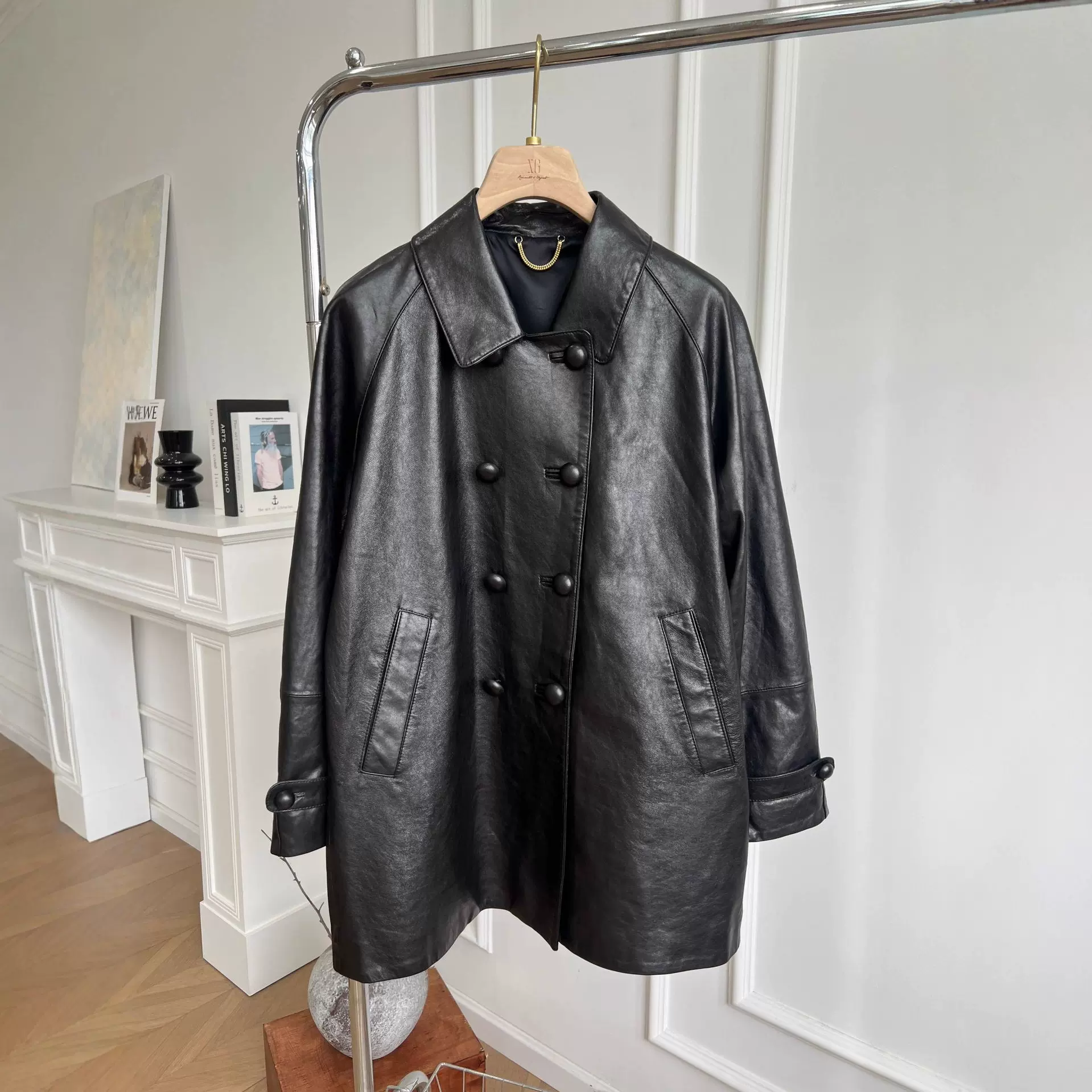 25新款秋冬真皮皮衣女中长款双排扣宽松油蜡羊皮风衣西装外套