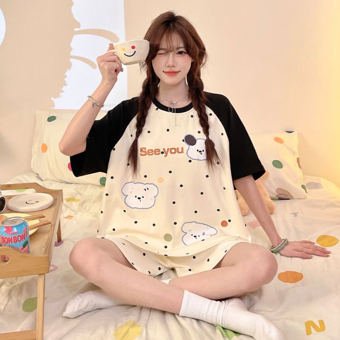 Venta al por mayor transfronteriza nuevos pijamas mujeres verano imitación algodón jersey pantalones cortos de manga corta lindo cachorro traje de servicio a domicilio de dibujos animados