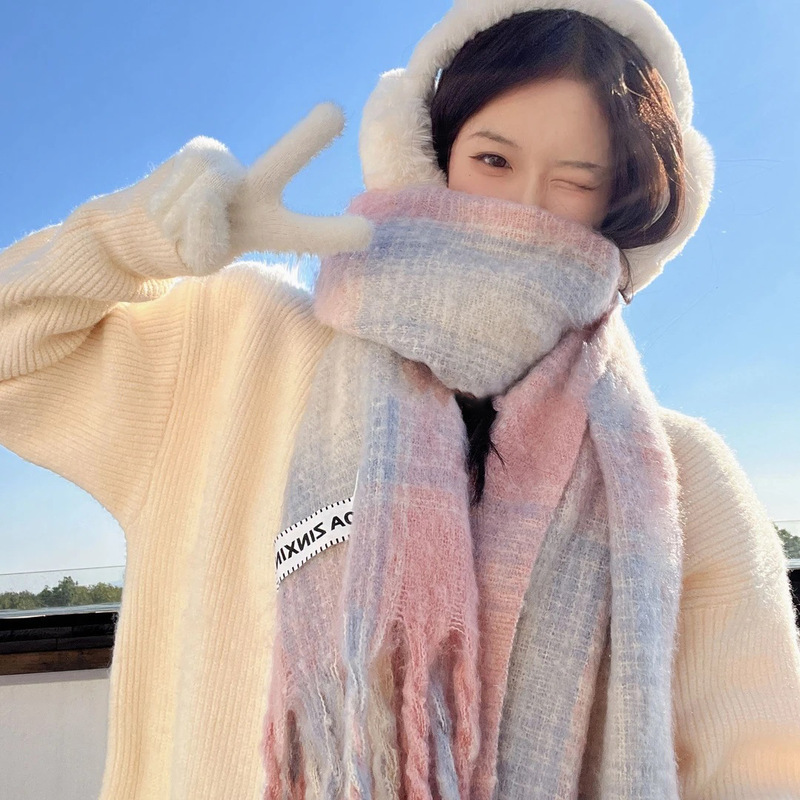 马海毛加厚条纹围巾女冬季韩系ins风美拉德流苏披肩时尚情侣围脖|undefined