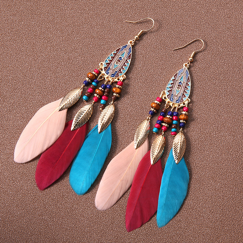 Water Drop Tassel Feather Earrings Women's Long Bohemian Rice Beads European and American Earrings Ethnic Style Tourism Vacation Accessories