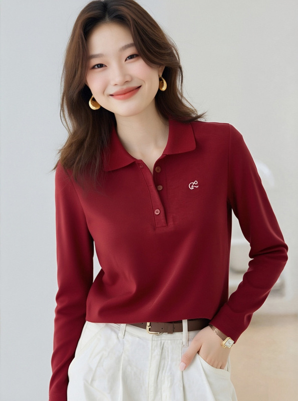 正肩休闲翻领长袖衬衫女士春秋新款刺绣polo衫撞色洋气Polo领上衣|undefined