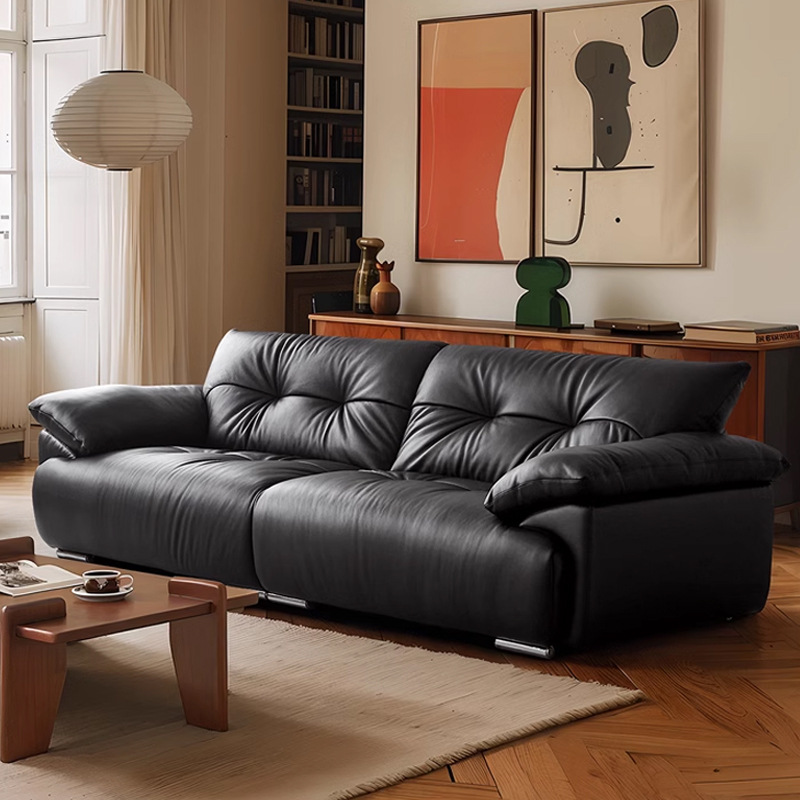 Full Cowhide Floating Cloud Sofa, Lazy Style Italian Leather Art, Normcore French Retro Living Room Straight Three-Person Bud Sofa
