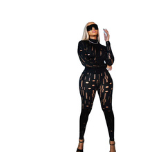 FFD1157 欧美女装 时尚潮流破洞款两件套 性感收腰提臀套装