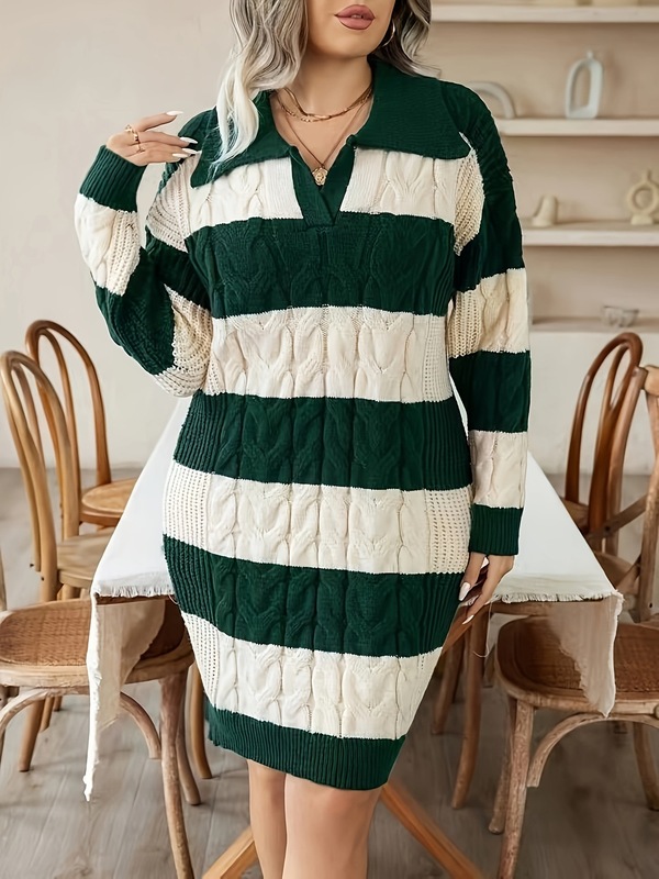 外贸大码女装2025秋冬新款翻领撞色套头条纹针织衫女麻花编制毛衣|undefined