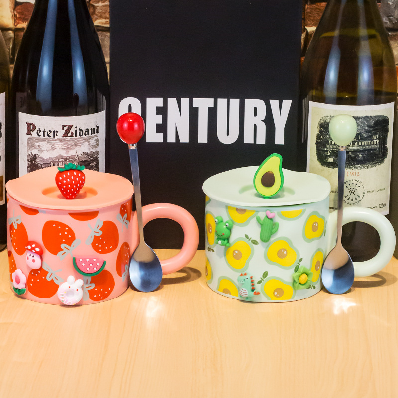 Fruta creativa Linda taza de cerámica taza de consumo doméstico con tapa cuchara taza de verano taza de café de la oficina