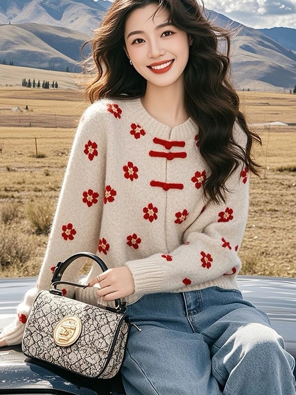 新中式国风红色花朵毛衣内搭女冬季重工打底衫慵懒高级感针织上衣|undefined