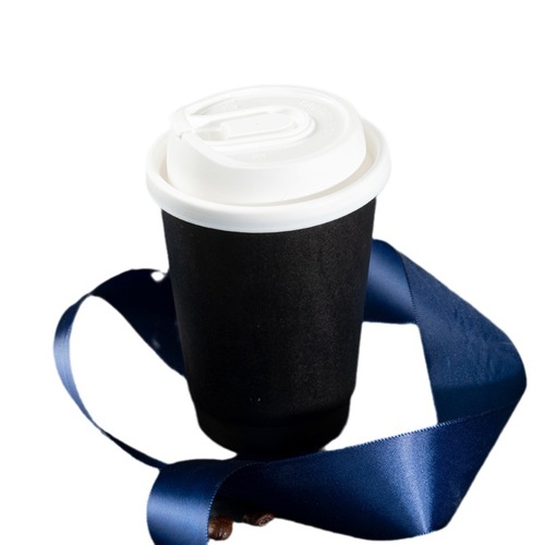 90 caliber disposable double-layer all-black double-layer hollow thickened take-out coffee cup anti-scalding and leak-proof paper cup for hot drinks
