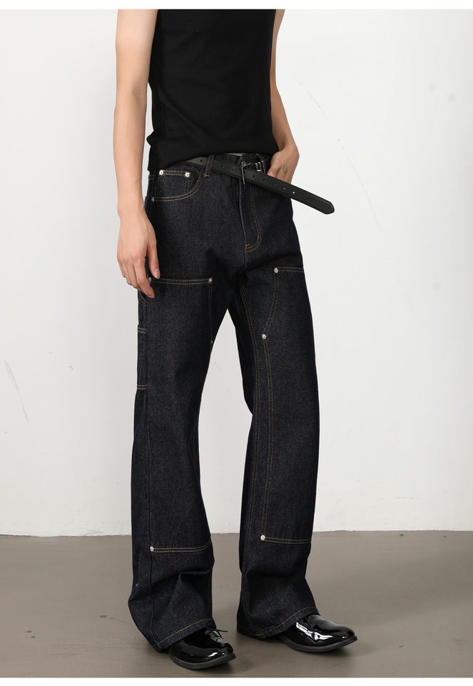 Quần jean nam ống loe nhẹ dáng chữ A phong cách đường phố, cạp vừa, dài — Xanh denim chi tiết 16