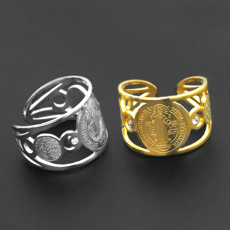 European and American Versatile Hot-Selling Stainless Steel Saint Benedict Exorcism Brand Titanium Steel Men's Open Ring Ring Factory Direct Sale
