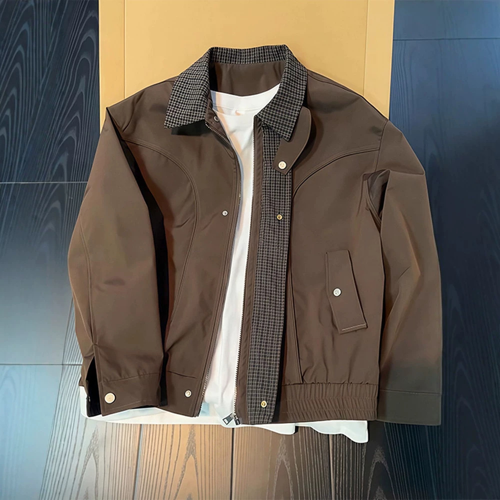 Old-fashioned retro brown-brown men's autumn trendy plaid patchwork American bomber jacket