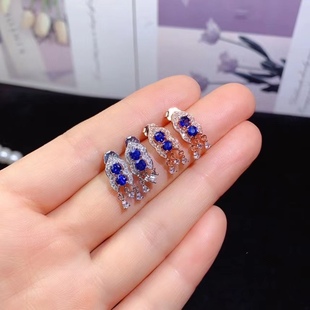 925 Silver Set Natural Sri Lankan Sapphire Gourd Earrings Fashion Hot Selling Niche Color Treasure Main Stone Circle 3