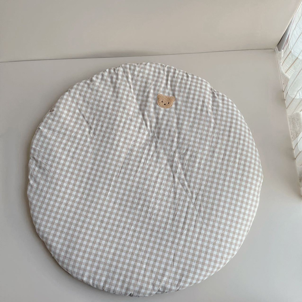 Plaid Print Bear Embroidered Floor Mat Baby Round Seat Cushion Baby Indoor Crawling Mat