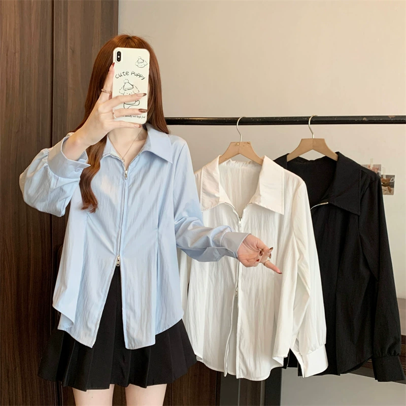 Женская одежда больших размеров 2025 весна новая мода стройная рубашка с длинным рукавом на молнии