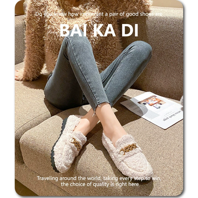 Плоские меховые туфли с бархатом, женская обувь большого размера, теплая домашняя обувь из хлопка, сабо, туфли-бини, женская осенне-зимняя обувь большого размера.