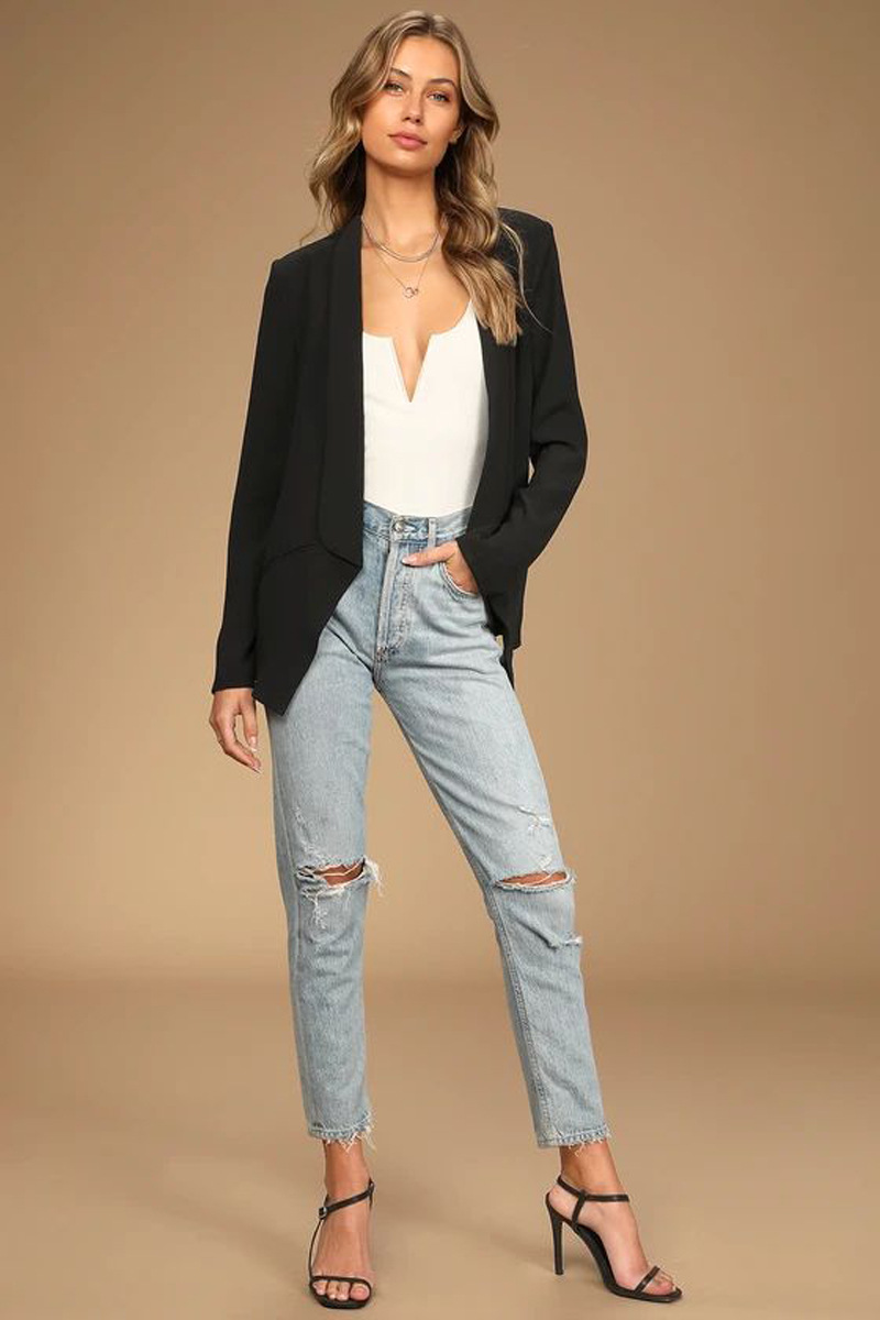Saco Blazer Entallado para Mujer de Mezcla de Fibra Sintética, Manga Larga, Cuello Solapa, para Oficina y Uso Diario
