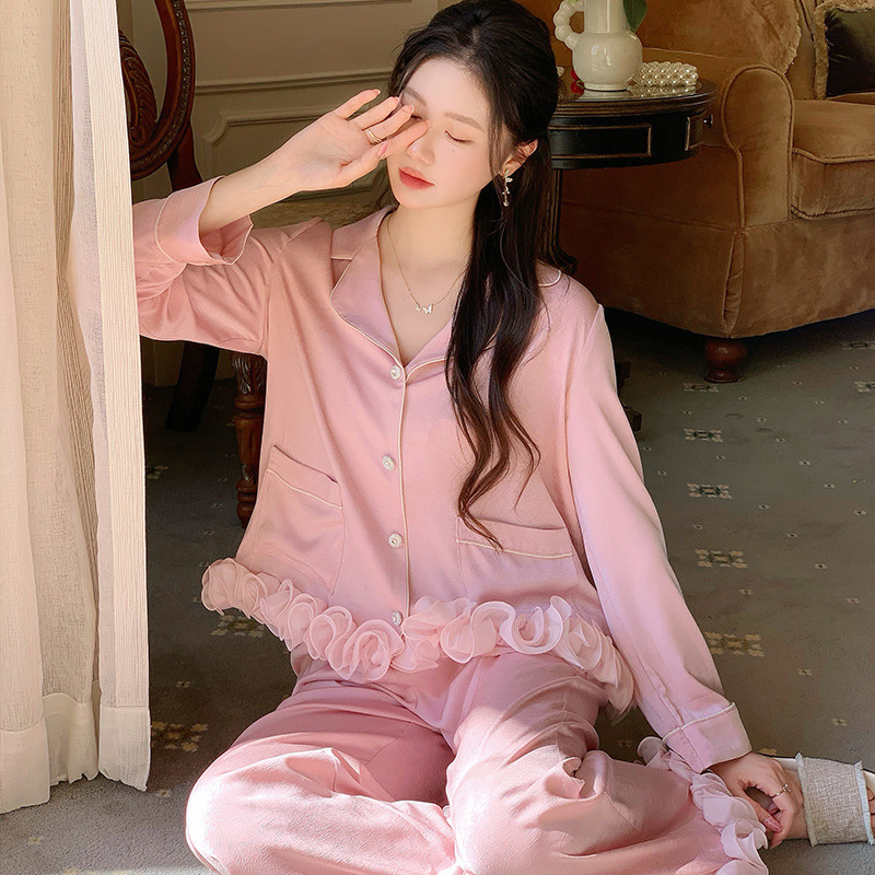 法式新款睡衣可爱甜美风女款春季高级感色丁长袖可外穿翻领家居服|undefined
