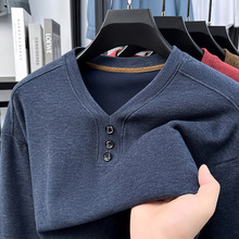 秋冬新款含骆驼绒桑蚕丝三粒扣长袖t恤男中老年爸爸装时尚打底衫