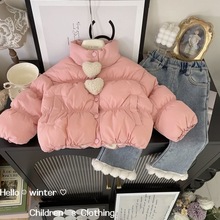 女童冬季加绒加厚棉衣2025新款女宝宝冬装棉服一体绒牛仔裤两件套