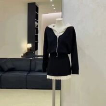 设计感蕾丝拼连帽假两件卫衣女春秋季高腰显瘦半裙两件套