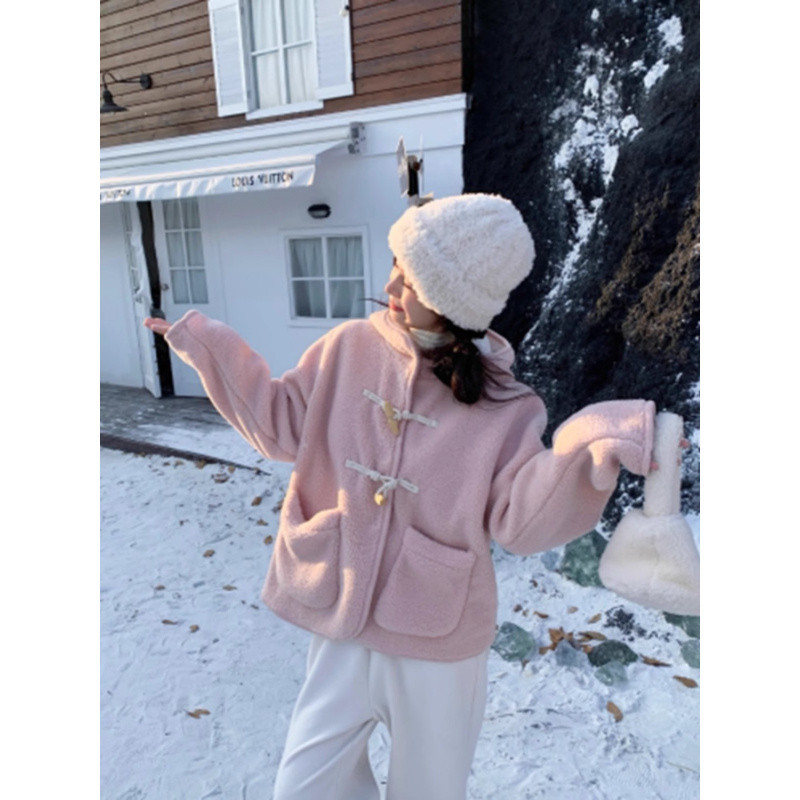 (2개) 양모 기모 따뜻한 호른 버클 긴소매면 패딩 코트 여성의 가을 새 가을과 겨울 두꺼운 코트 탑