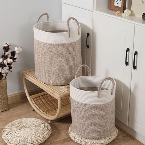 Japanese-style cotton rope woven storage basket round debris storage box cotton cord with handle dirty clothes basket toy basket organizing basket