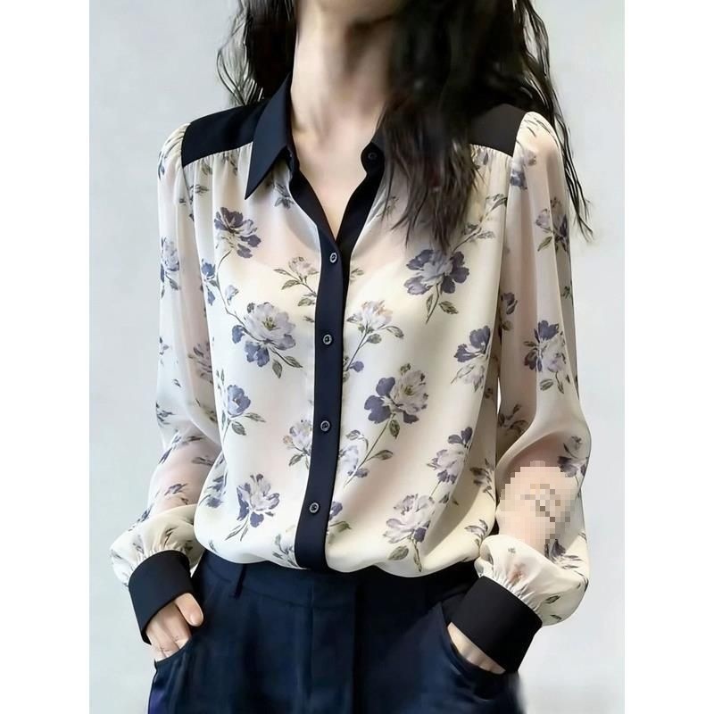 Floral chiffon shirt for women, long-sleeved, new spring-summer Korean style shirt, stylish, age-reducing, slimming, with a unique design