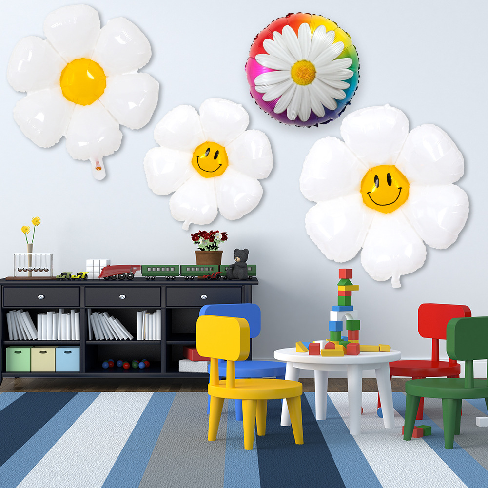 Daisy película de aluminio globo blanco cara sonriente accesorios de la foto globo de flores amarillo cara sonriente decoración puesto decoración de cumpleaños