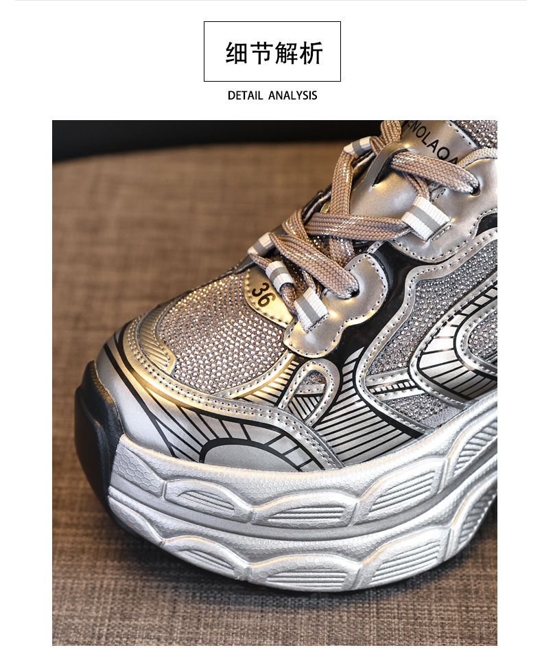 Giày sneaker nữ đế dày tăng chiều cao phối đá rhinestone — Màu đen chi tiết 10