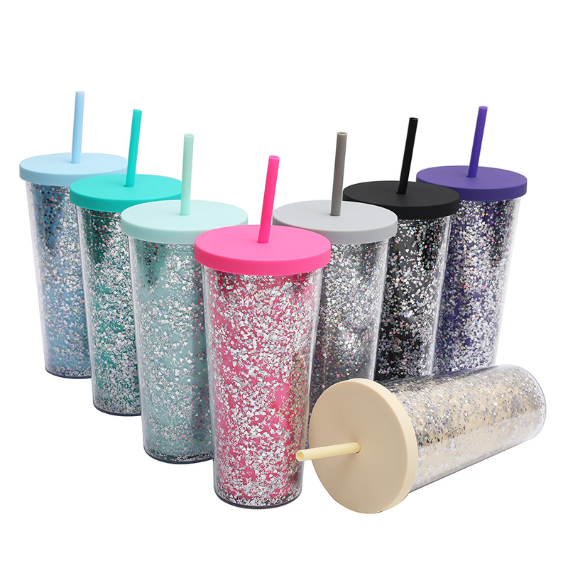 Factory Direct Supply Cross-Border Amazon New Double Plastic Straw Cup Wholesale Innovation European and American Large Capacity Cool Drinks Cup