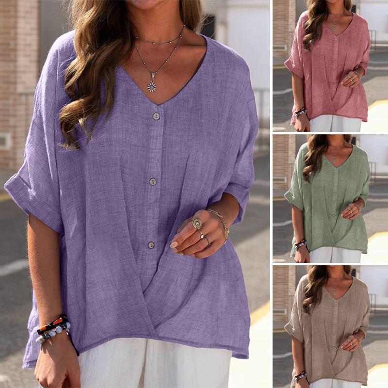 2022 Amazon Cross-Border European and American Cotton and Linen Button V-Neck Pullover Short-Sleeved Women's Shirt Casual Top Summer
