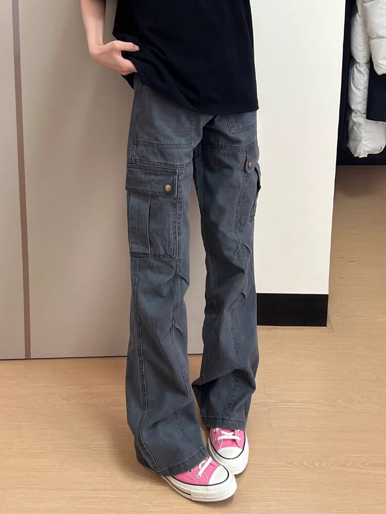 Gray American retro work pants for men, summer trendy high street multi-pocket cleanfit pants, straight-leg slightly flared pants