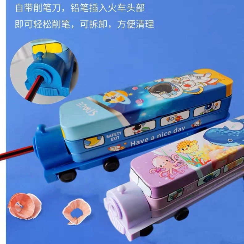 Train, pencil case for elementary school students, universal tin box, cartoon bus, internet celebrity