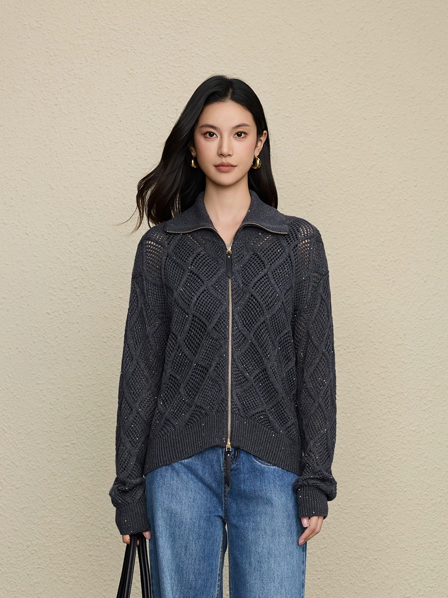 Woolen woven knitted cardigan with diamond pattern with zipper, solid jacket, bright catchy style